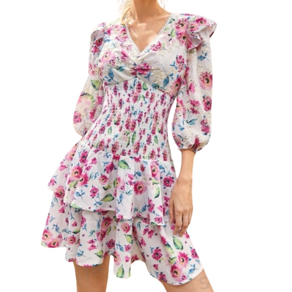Women’s Floral Print V-neck Lantern Sleeve Shirred Layered Ruffle Hem Dress